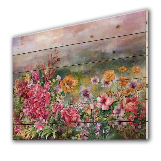 Designart - Multicolored Spring Flowers With Misty Background - Farmhouse Print on Natural Pine Wood